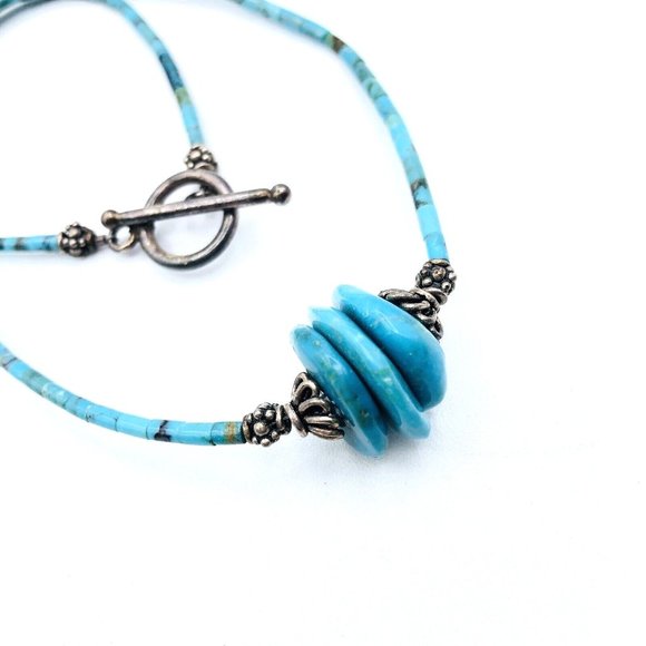 Vintage Heishi Necklace Turquoise Heishi and Nugget Beaded Necklace 16 in - Picture 7 of 10